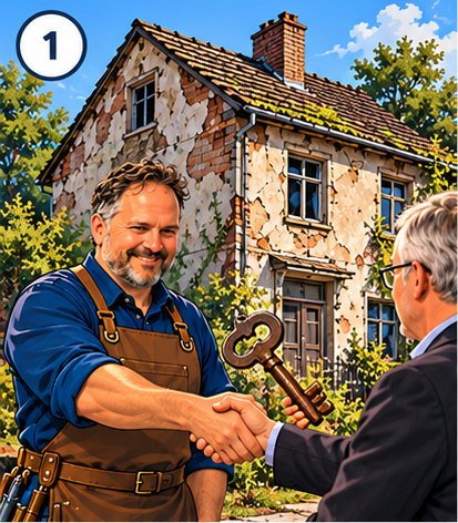 Handschlag vor einem alten Haus