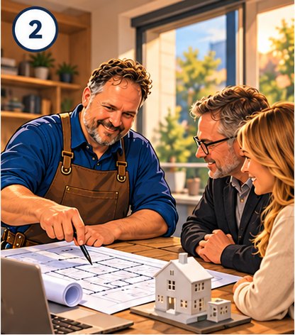 Planung am Tisch mit Grundriss und Hausmodell