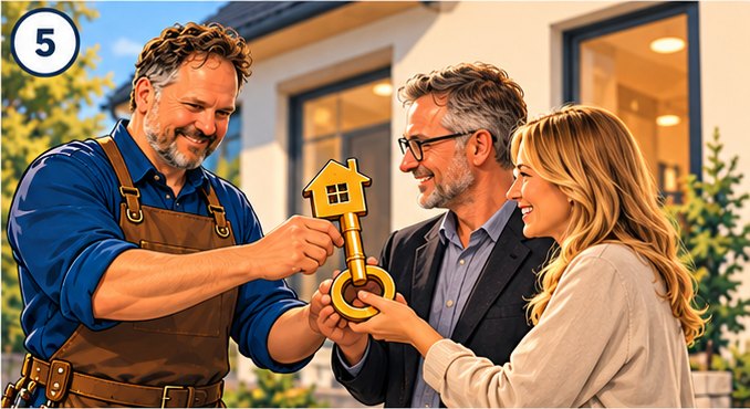 Gezeichnete Szene: Der Altbauschmied übergibt einem Paar einen goldenen Schlüssel mit Haus