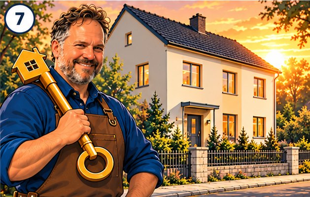 Der Altbauschmied mit goldenem Schlüssel vor dem sanierten Haus im Abendlicht